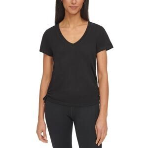 Calvin Klein Performance Drawstring-Ruched Textured V-neck Shirt Size L Black